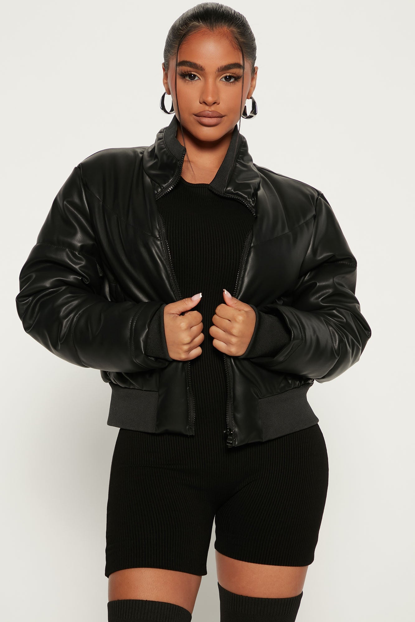 Mia Faux Leather Puffer Jacket - Black