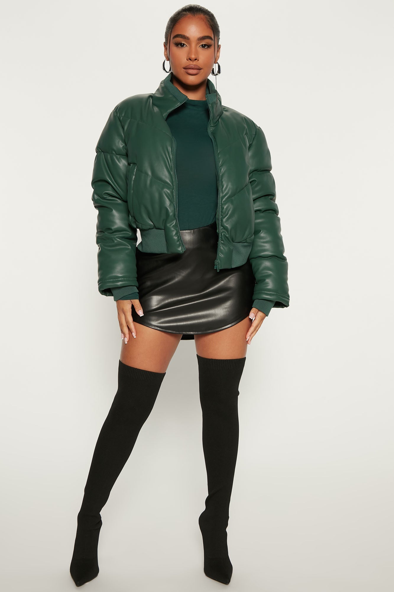 Mia Faux Leather Puffer Jacket - Hunter