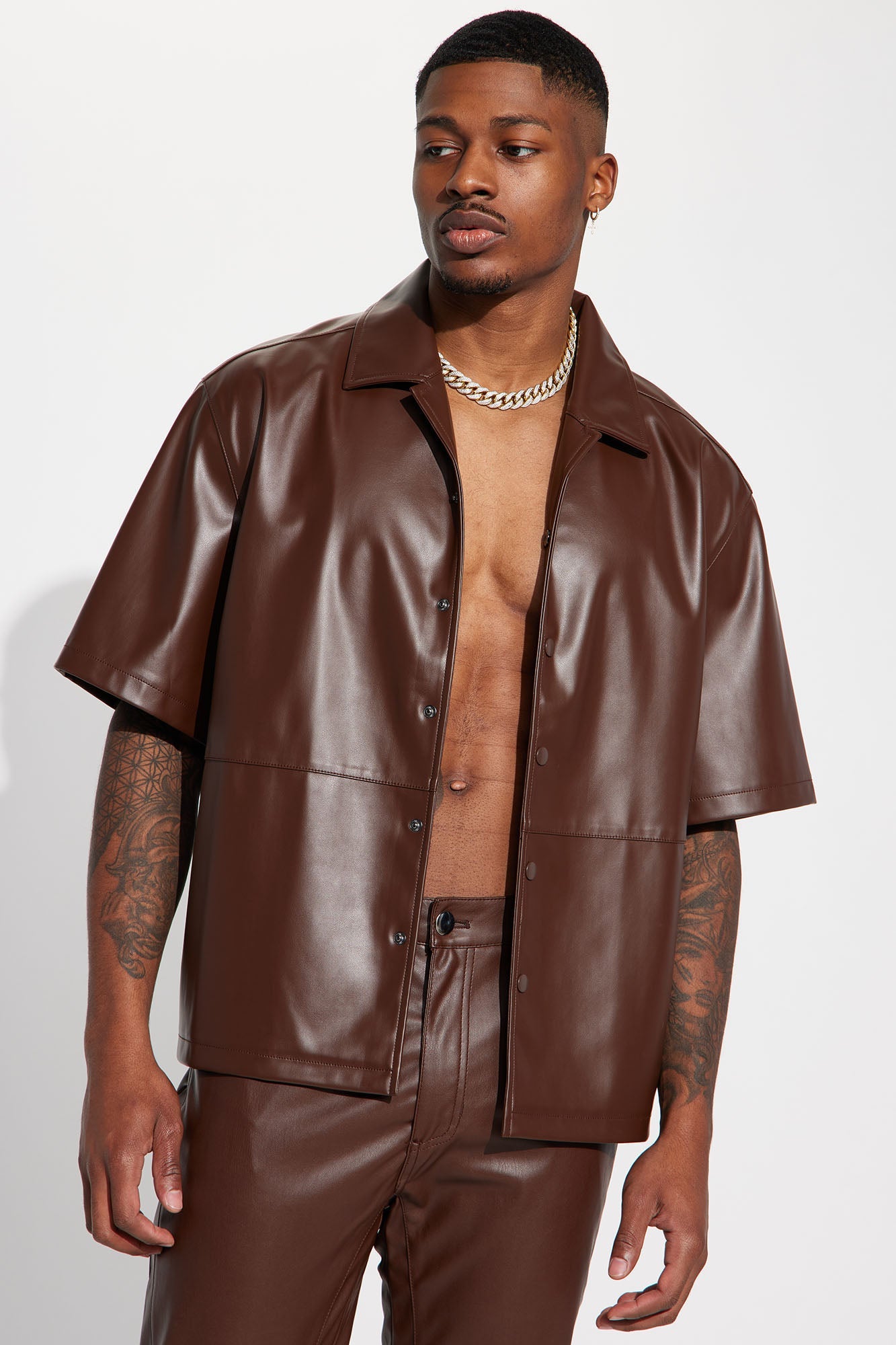 Slam Dunk Faux Leather Short Sleeve Button Up - Chocolate