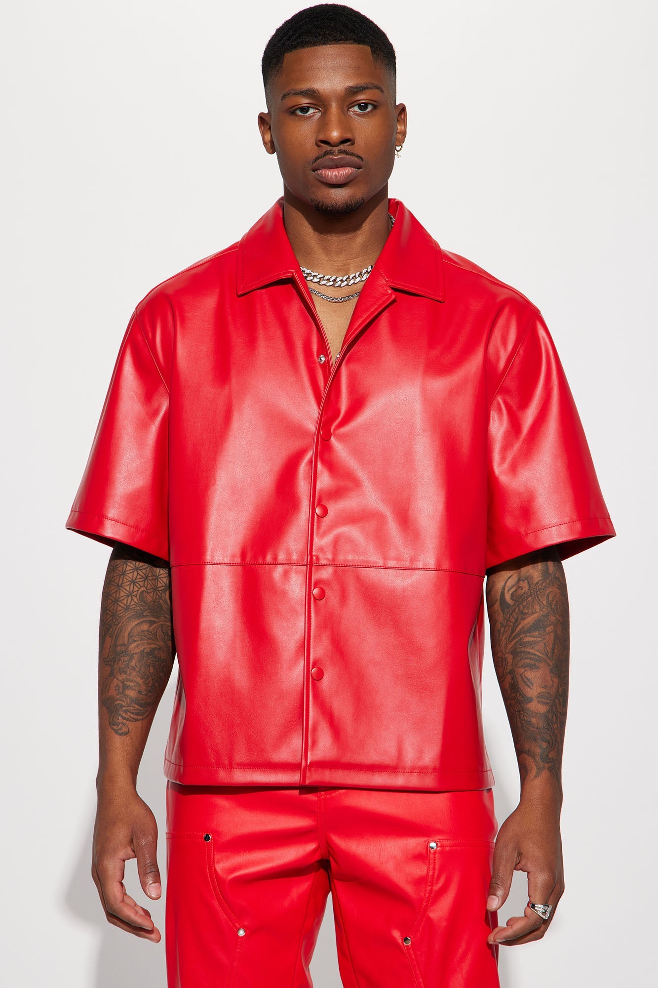 Slam Dunk Faux Leather Short Sleeve Button Up - Red