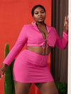 Plus Size Lapel Neck Lace Up Crop Top &amp; Bodycon Skirt Set - Hot Pink
