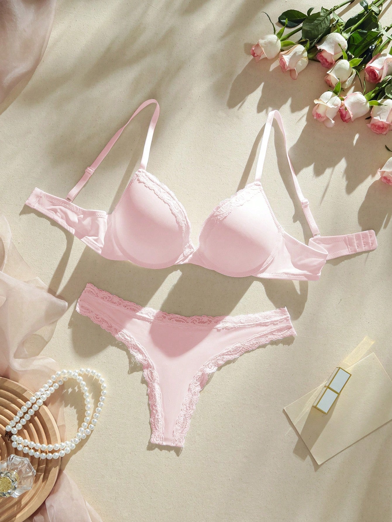 Lace Detail Thong Panties & Bra Set - Pink
