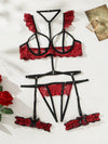 Floral Lace Underwire Garter Lingerie Set With Choker - Burgundy