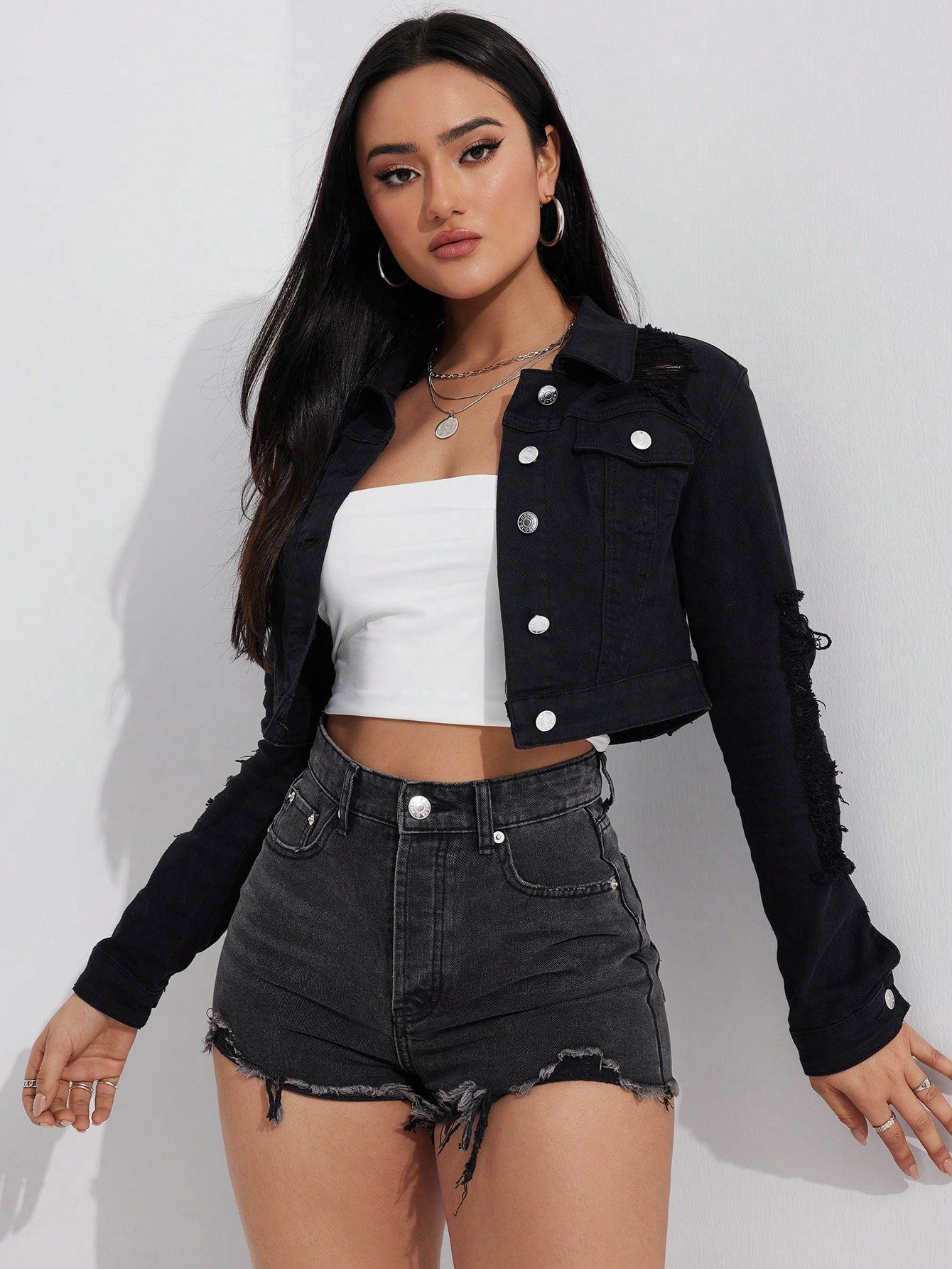 Women's Distressed Long Sleeve Denim Jacket w/Single-Breasted Button Closure