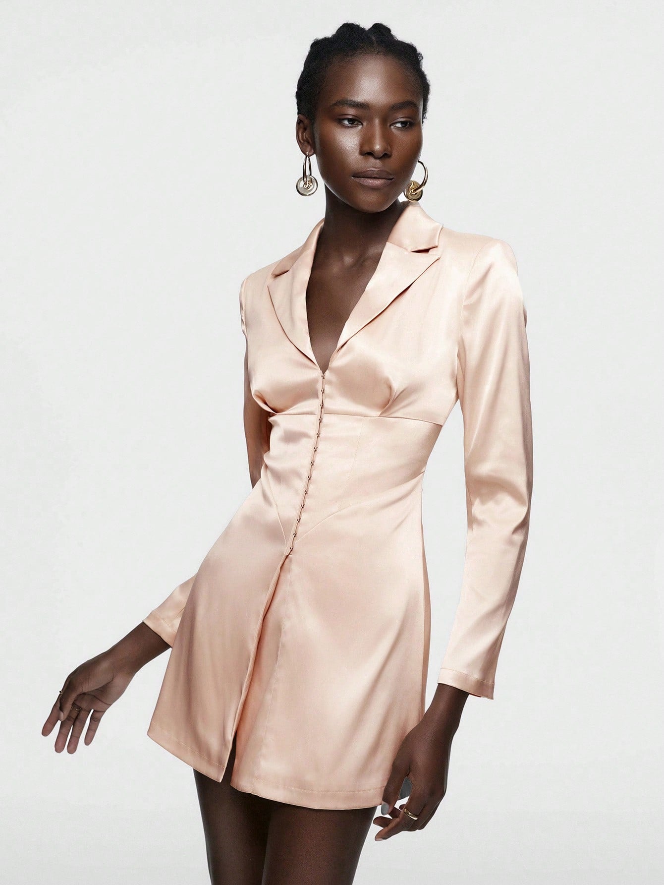 Women's Solid Color Slim Fit Suit Jacket w/Buttoned Lapel Collar - Apricot