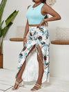 Plus Size Mint Green Camisole Top &amp; Printed Pleated Slit Skirt 2Pc Set