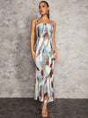 Blue &amp; White Abstract Print Backless Gathered Long Dress