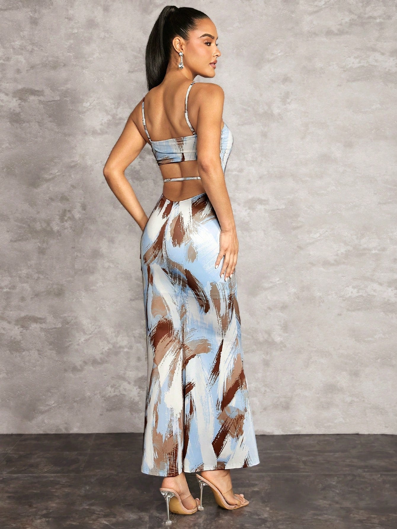 Blue & White Abstract Print Backless Gathered Long Dress
