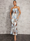 Blue &amp; White Abstract Print Backless Gathered Long Dress