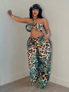 Plus Size Knitted Peacock Feather &amp; Leopard Print Off-Shoulder Necklace Top and Bottom Set