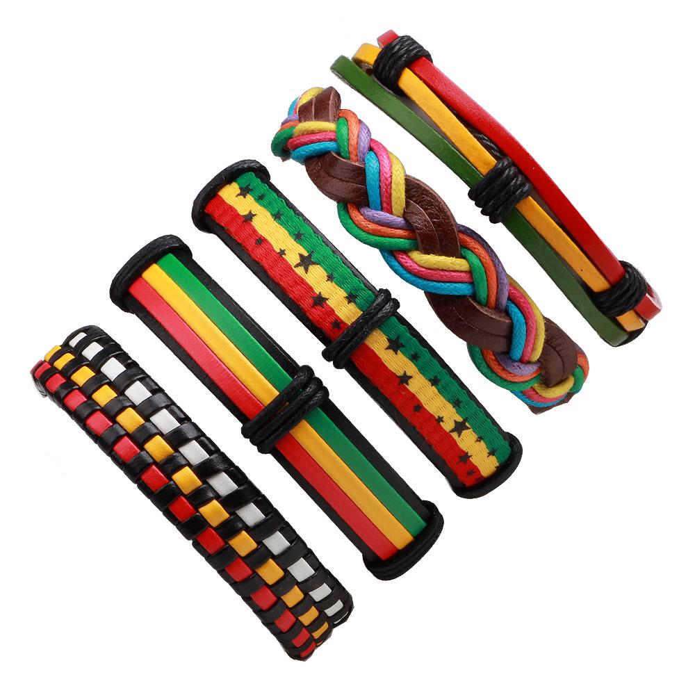 5Pcs Reggae Hippie Style Unisex Leather Wrap Bracelet Set