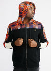 Tumo Unisex African Print Color-Blocked Zip-Up Hoodie (Black/ Orange Navy Kente)