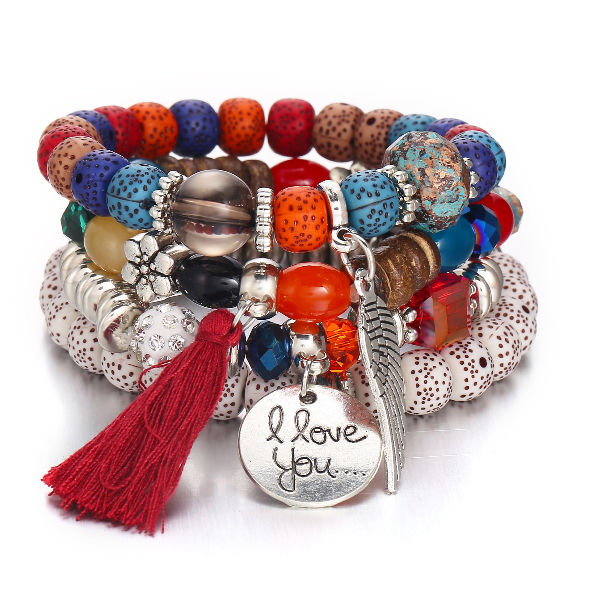 Woven Beads Chain Leather Cuff Bracelet w/ I Love You Pendant - Multicolored
