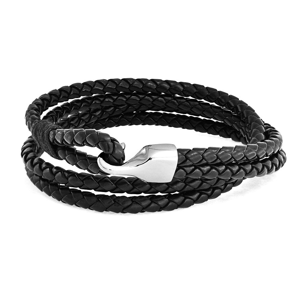 Men's Black Braided Woven Double Wrap Leather Bracelet with Silver Tone Stainless Steel Hook Eye Clasp