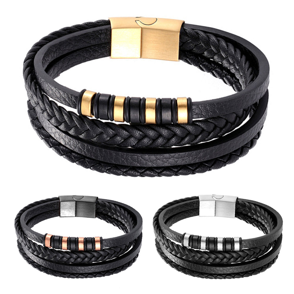 19cm Men's Multilayer Braided Rope Faux Leather Bracelet - Gold