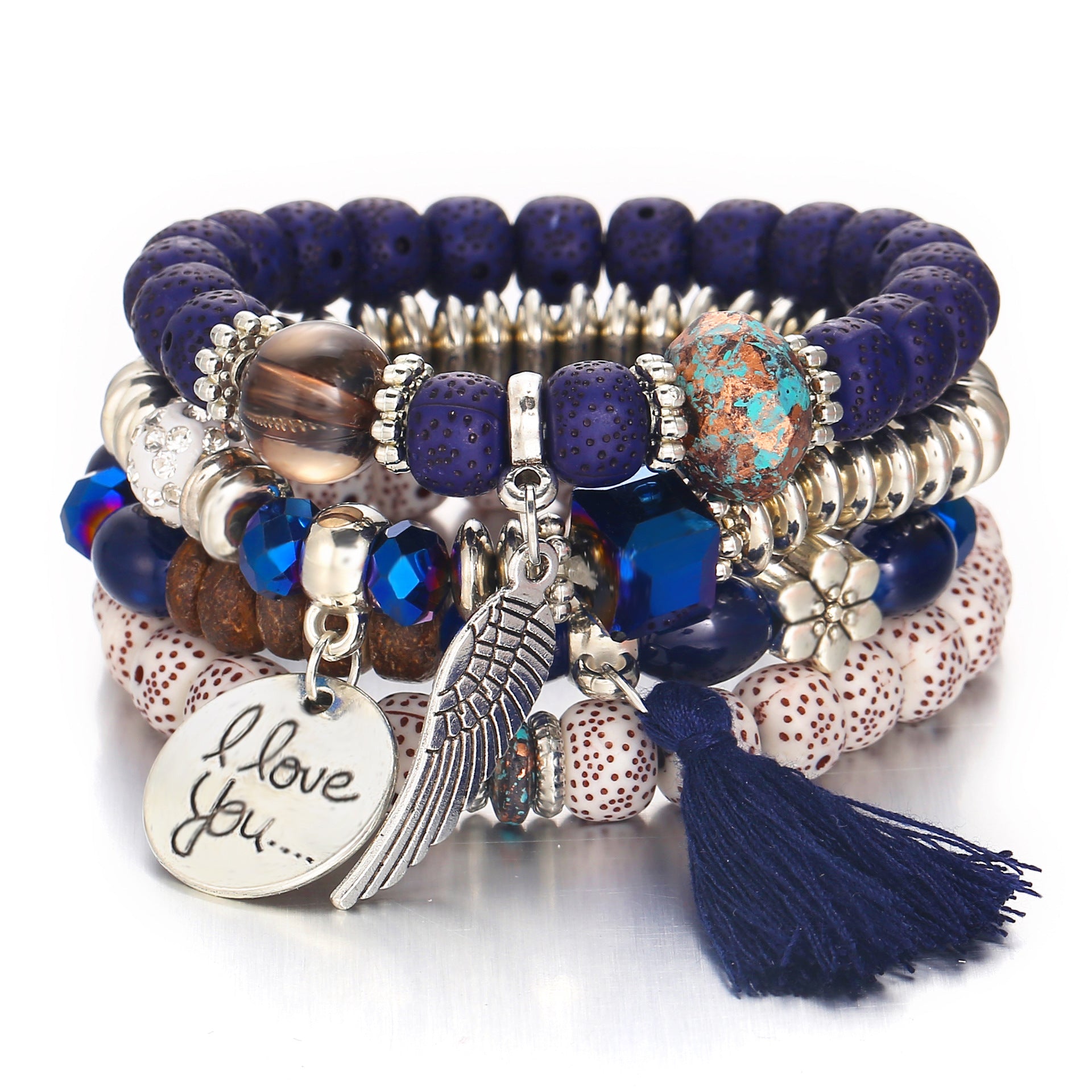 Woven Beads Chain Leather Cuff Bracelet w/ I Love You Pendant - Dark Blue