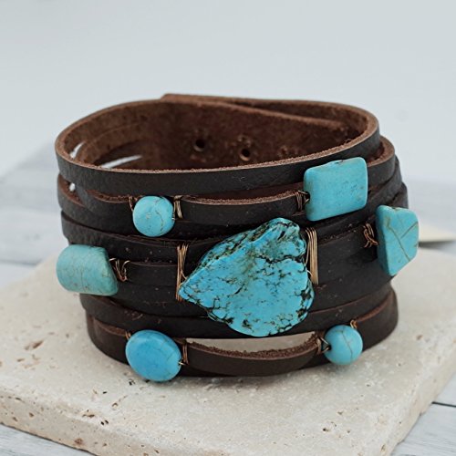 Turquoise Semi Precious Stone Leather Bracelet with Button Closure