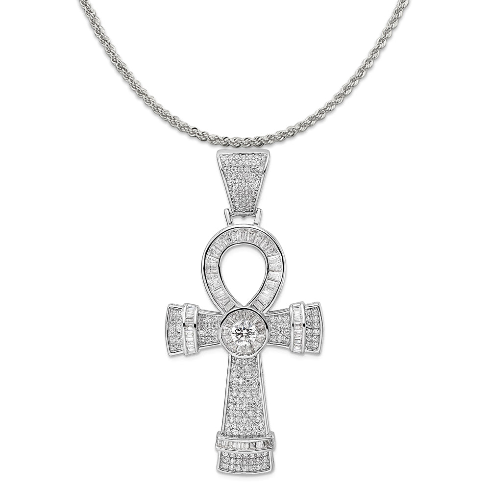 Sterling Silver Rhodium-Plated Polished Cz Ankh Pendant (54.13mm X 26.4mm) with Sterling Silver Rope Chain Necklace 16"/18"/20"