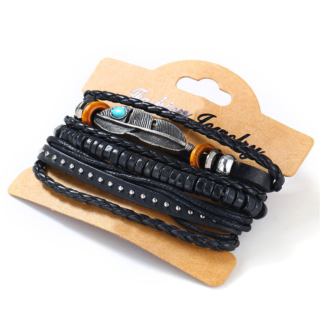 3Pcs Punk Multilayer Leather Bracelet Set