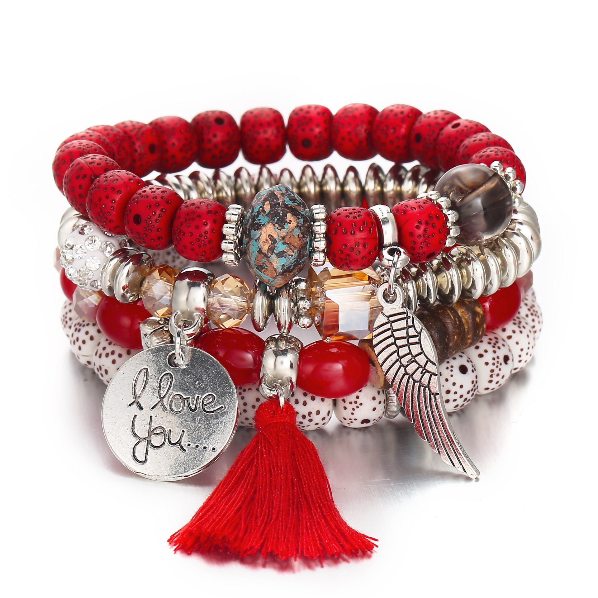 Woven Beads Chain Leather Cuff Bracelet w/ I Love You Pendant - Red