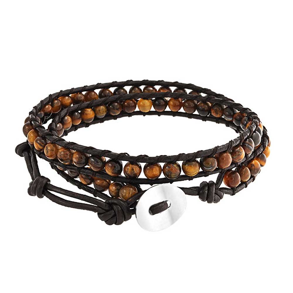 Handmade Natural Genuine Stone Brown Tiger Eye Beaded Adjustable Leather Multi-Strand Double Wrap Bracelet