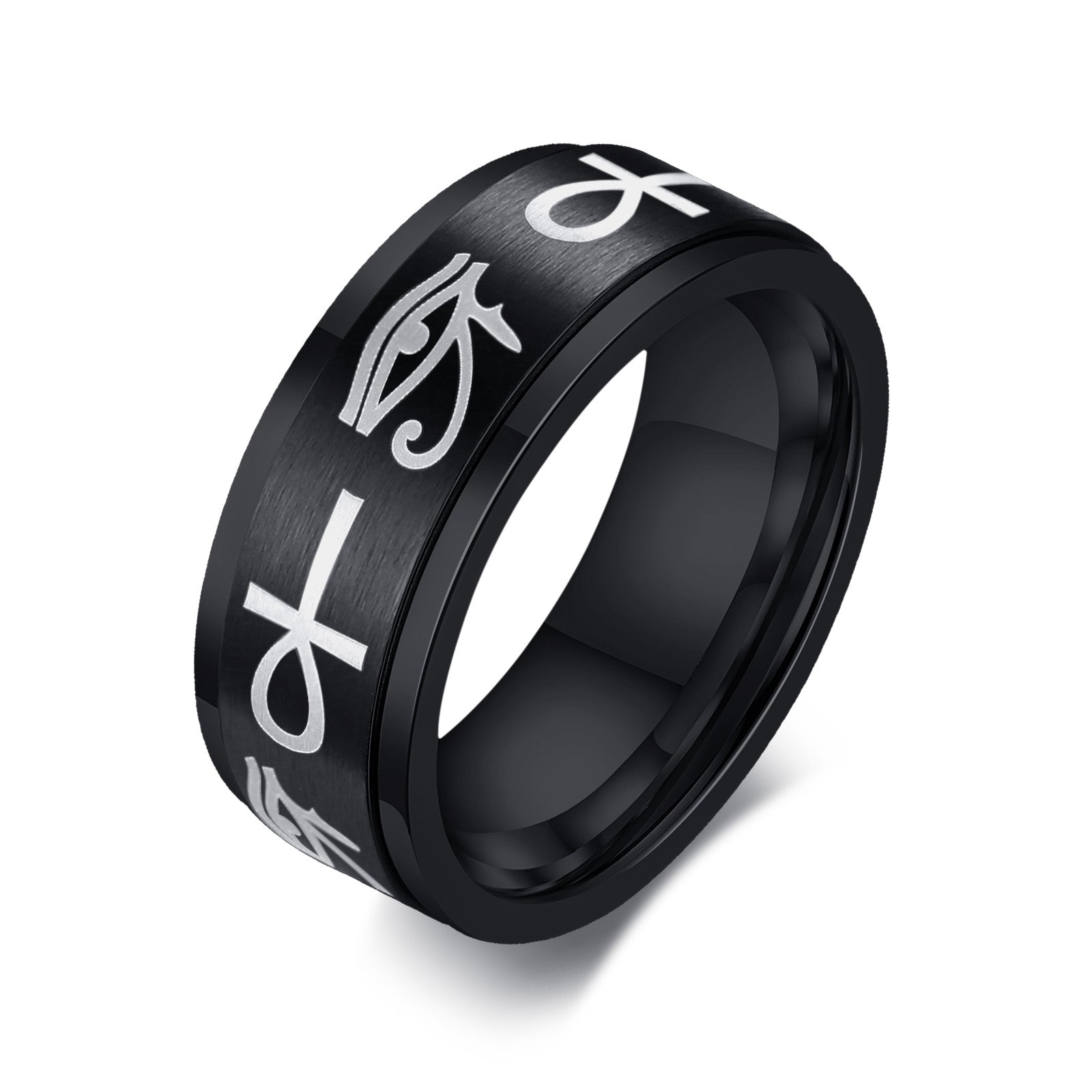 Kemite Eye of Heru Ankh Spinner Fidget Ring for Men - Black Stainless Steel