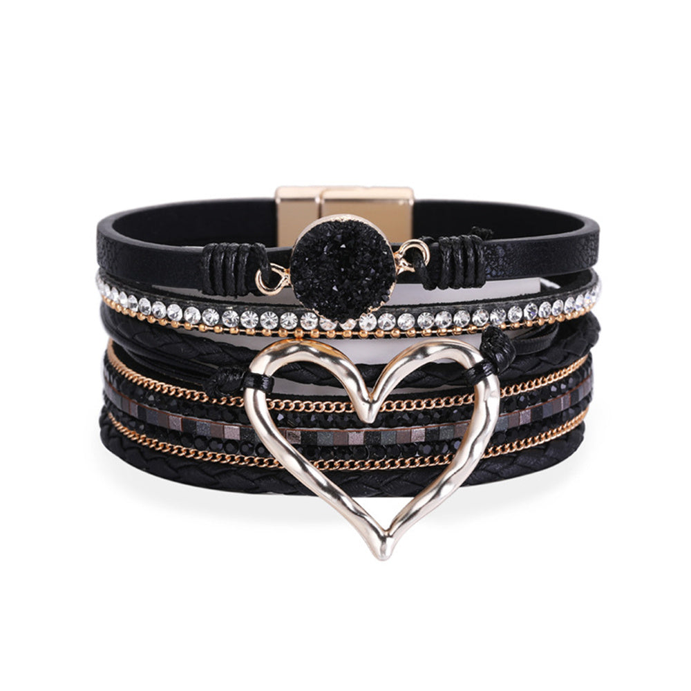 Boho Crystal Bead Leather Bracelet with Magnetic Clasp for Women