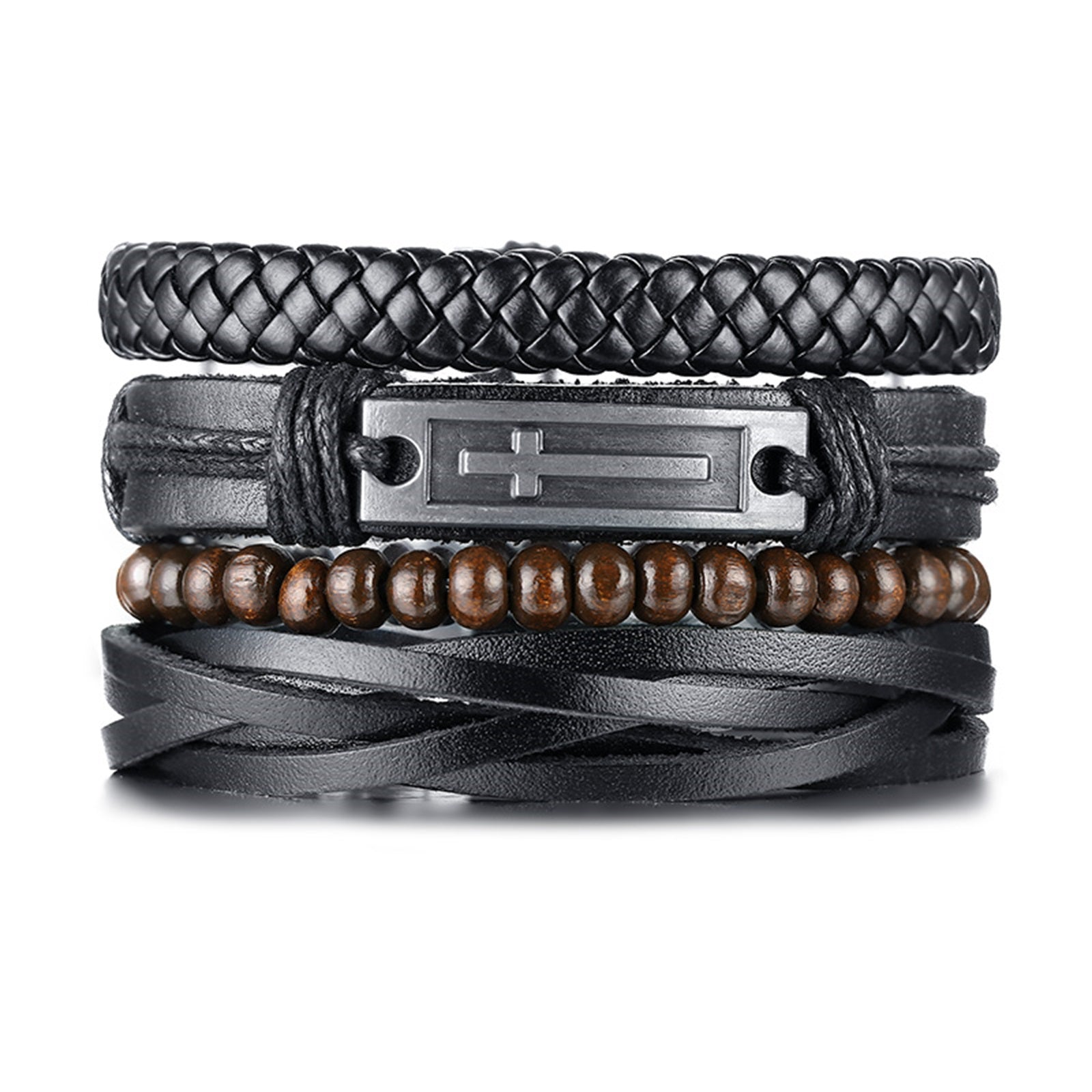 4Pcs Braided Cross PU Adjustable Leather Bracelet Set for Men - Black, Brown