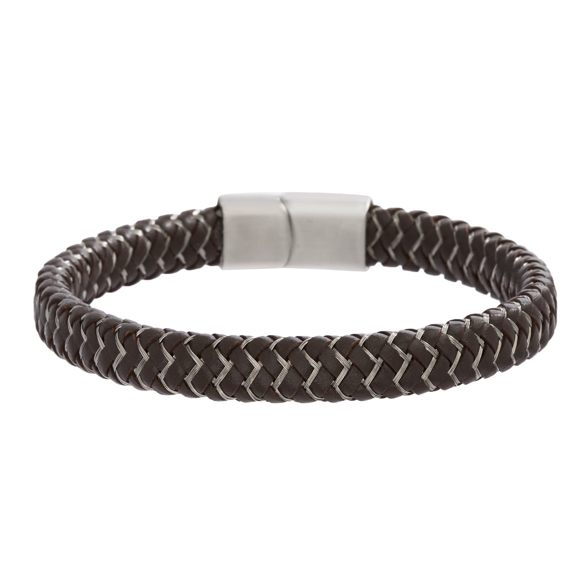 Reinforcements Brown Zig Zag Braided Leather Bracelet in Stainless Steel for Men