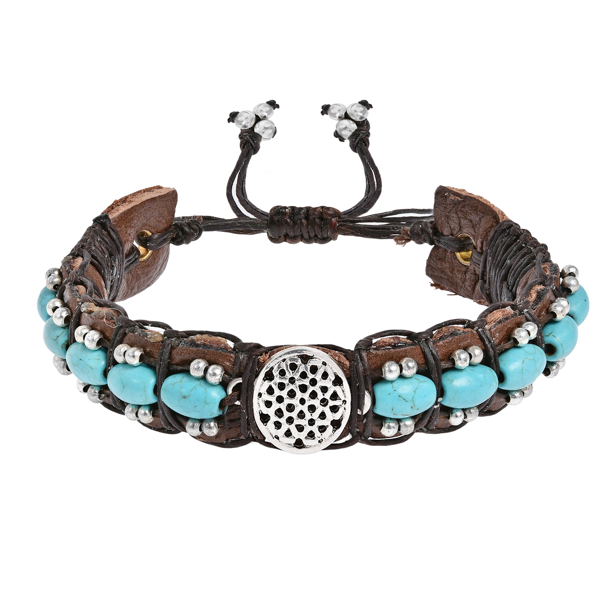 Handcrafted Inspirational Flower of Life Leather Bracelet w/ Turquoise Stones