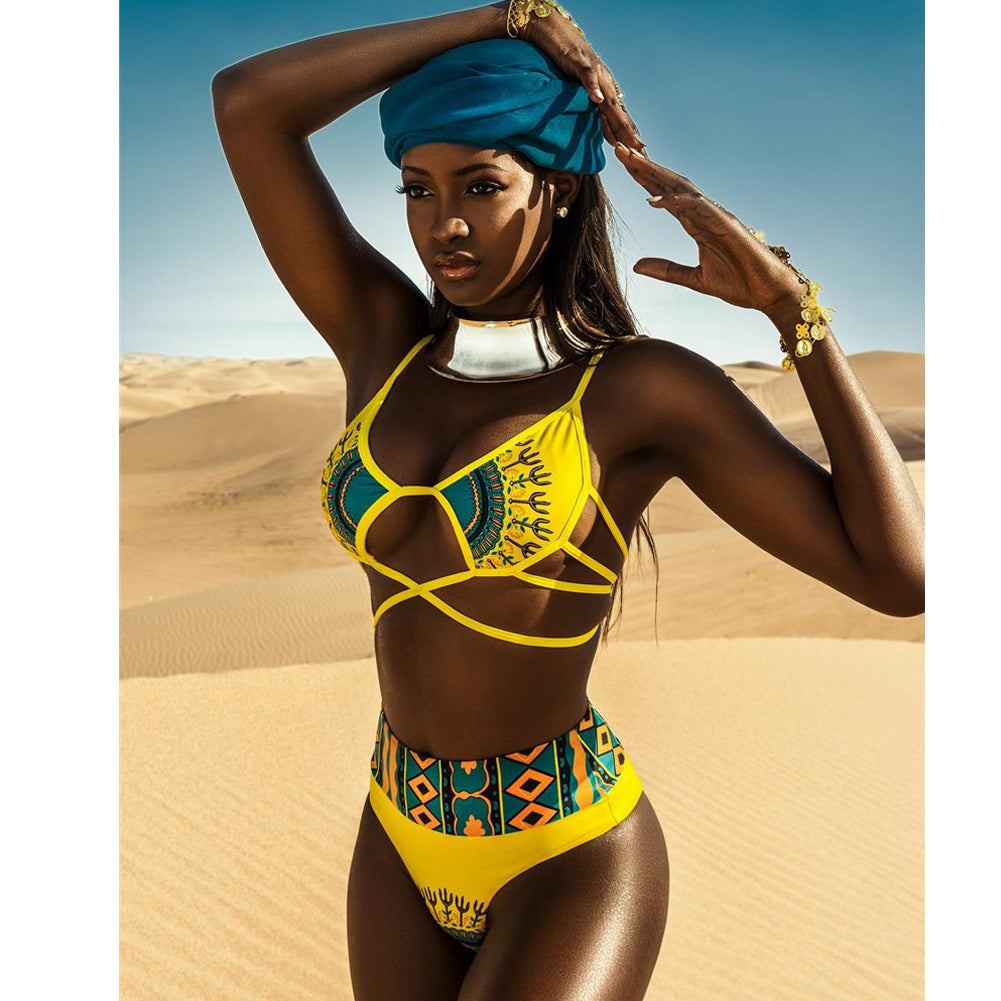 Retro African Print Bikini Swimsuit - Yellow