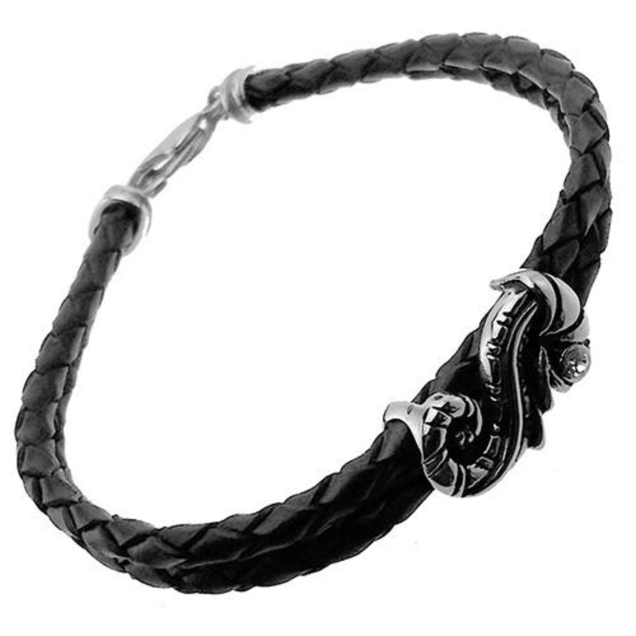 Braided Genuine Leather Bracelet with Seahorse in Stainless Steel and Jeweled Eye