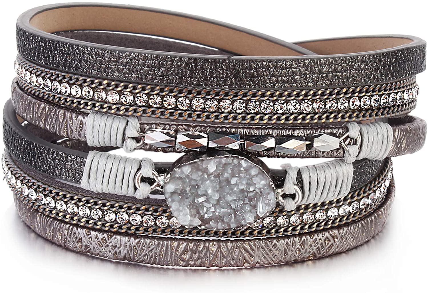 Boho Crystal Bead Leather Wrap Bracelet with Magnetic Clasp for Women