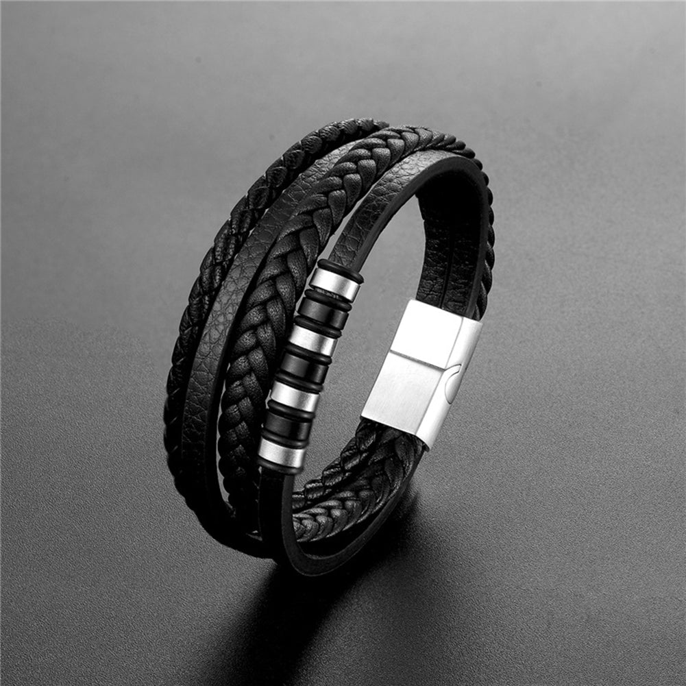 19cm Men's Multilayer Braided Rope Faux Leather Bracelet - Silver