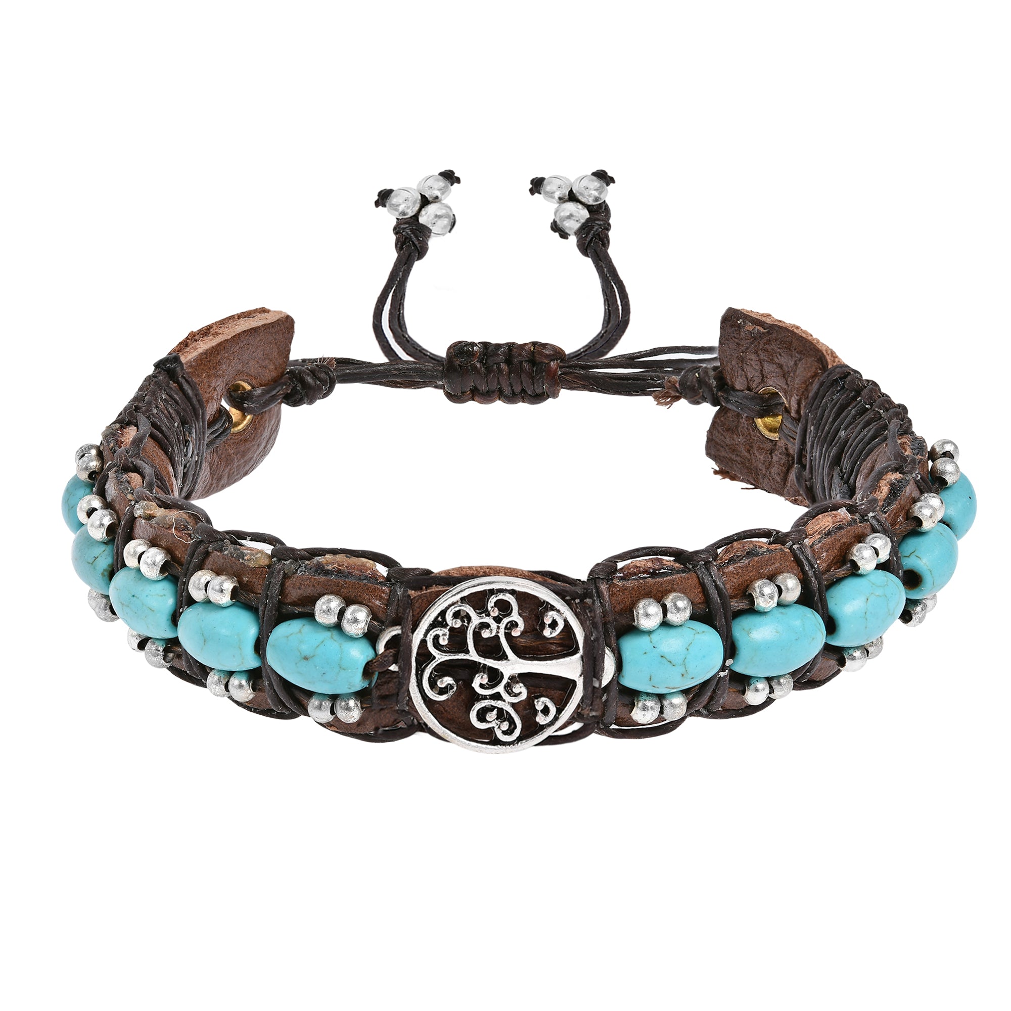 Handcrafted Mystical Tree of Life Symbol Leather Bracelet w/ Turquoise Stones