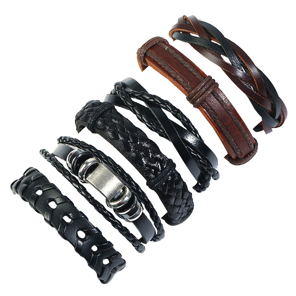Yesbay 6Pcs Men's Retro Multilayer Braided Leather Rope Bracelet Set