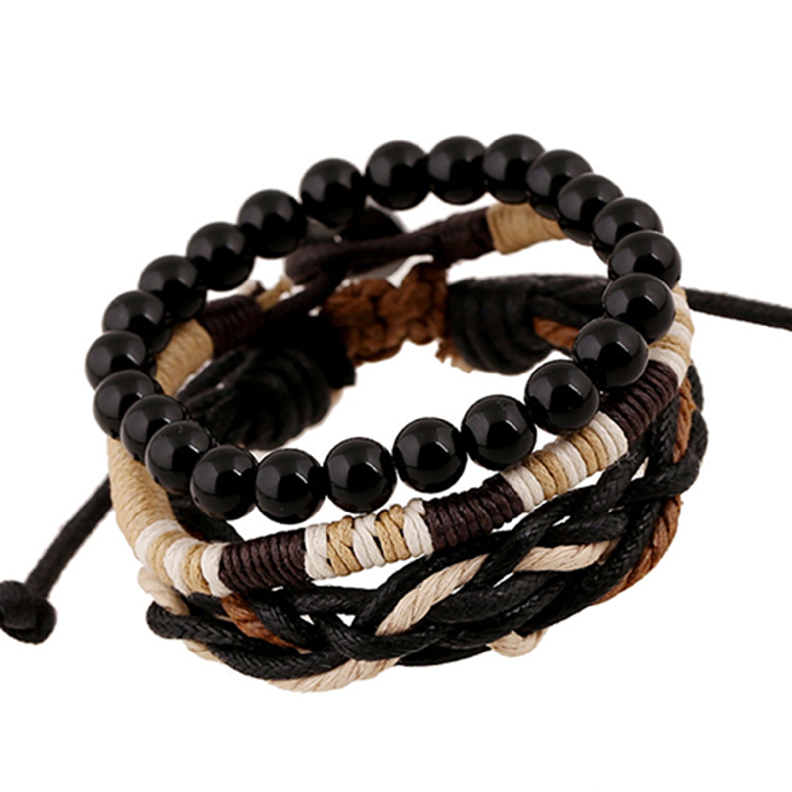3Pcs Multilayer Faux Leather Wood Beads Wax Rope Bracelet Set for Men