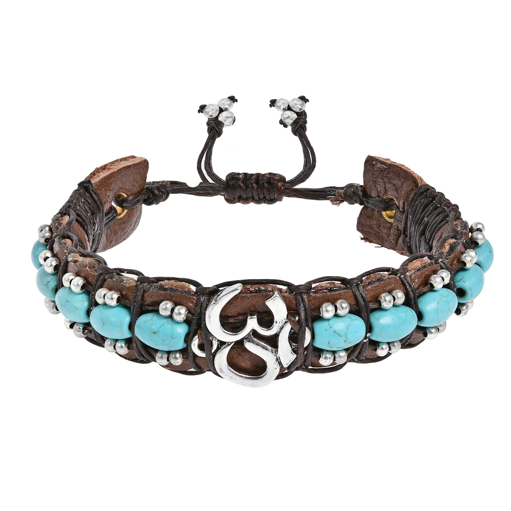 Handcrafted Mystical Meditation Aum Leather Bracelet w/ Turquoise Stones