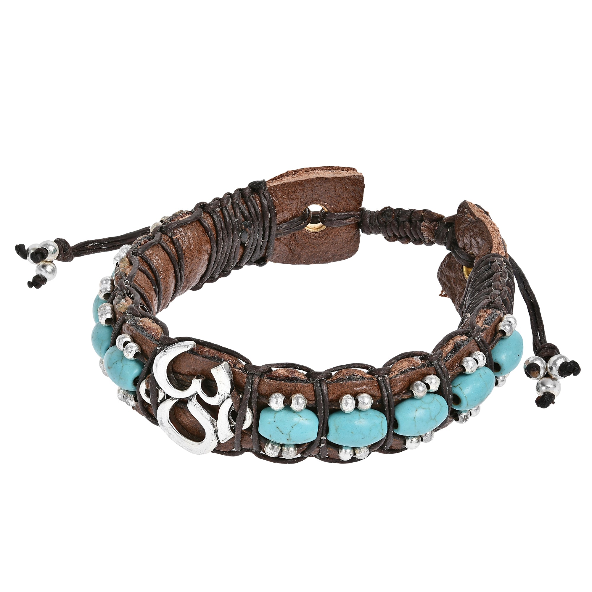 Handcrafted Mystical Meditation Aum Leather Bracelet w/ Turquoise Stones