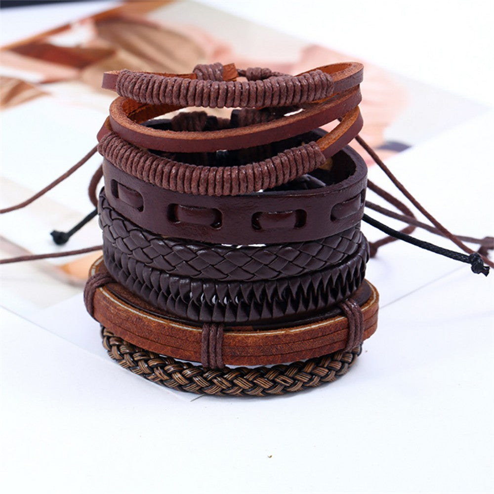 6Pcs Braided Vintage Hand-Woven Multi-Layer Leather Bracelet Set