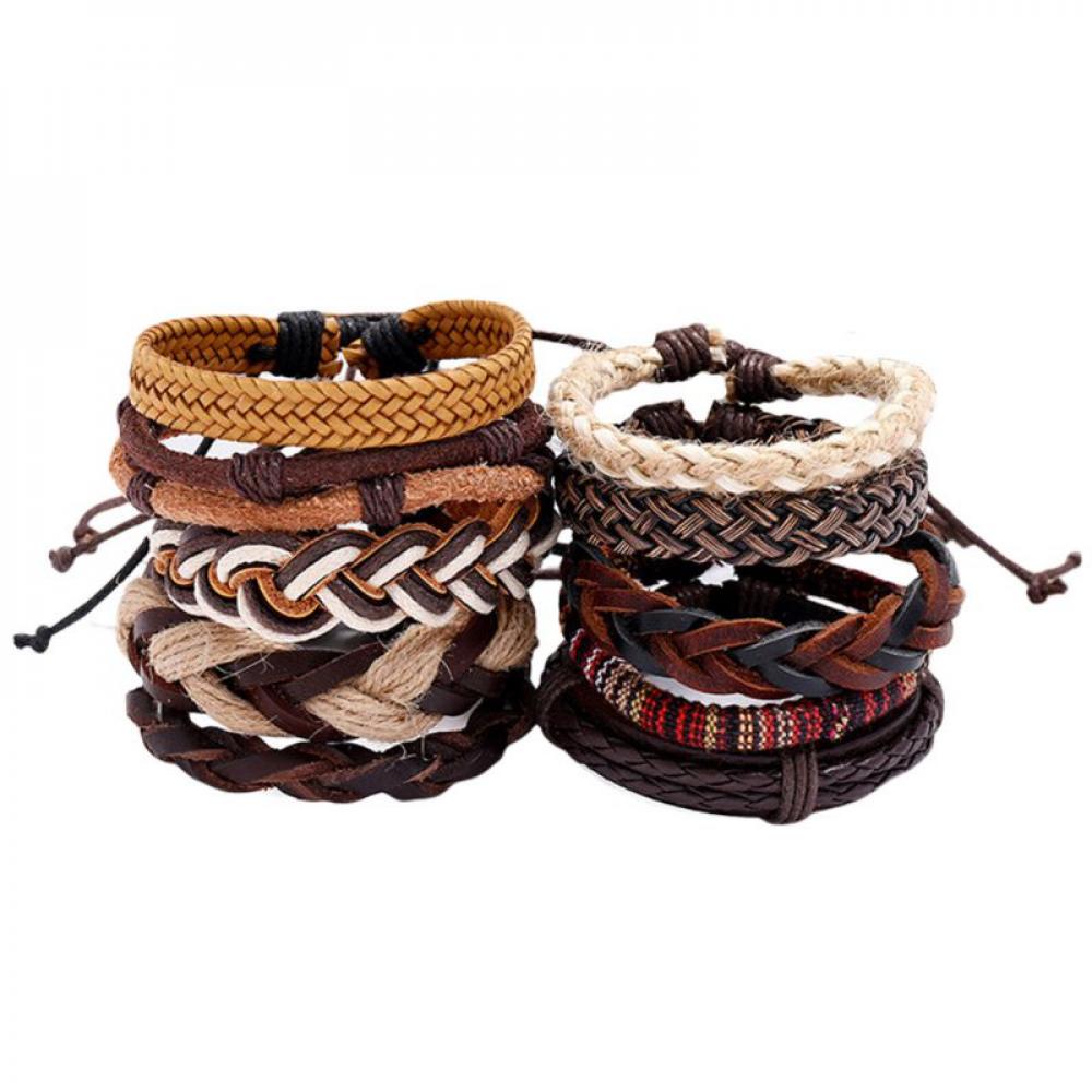 KEMETIS 10Pcs Boho Vintage Adjustable Braided Rope Leather Bracelet Set