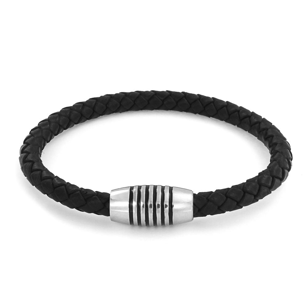Black Woven Thin Braided Leather Bracelet w/Stainless Magnetic Barrel Clasp for Women