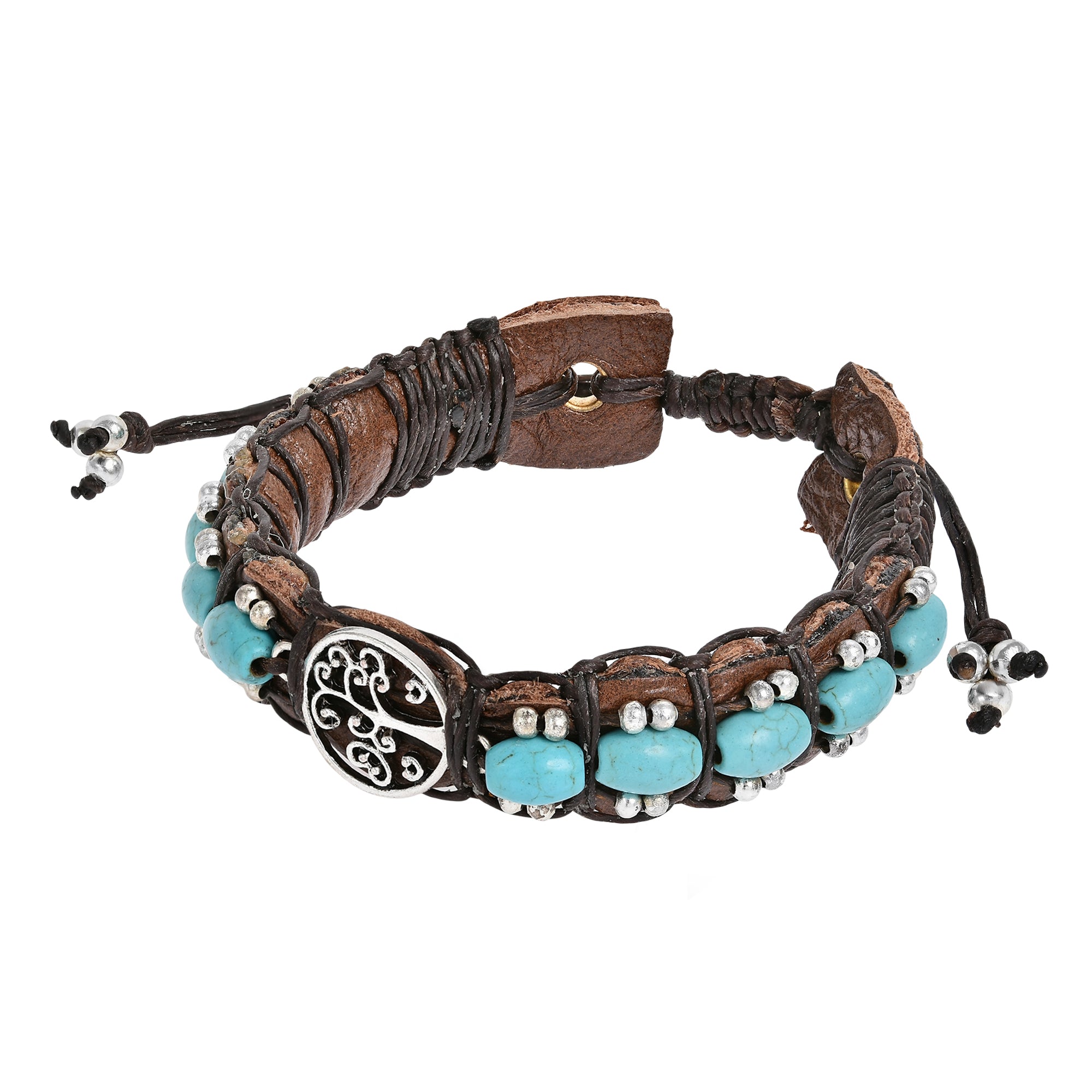 Handcrafted Mystical Tree of Life Symbol Leather Bracelet w/ Turquoise Stones