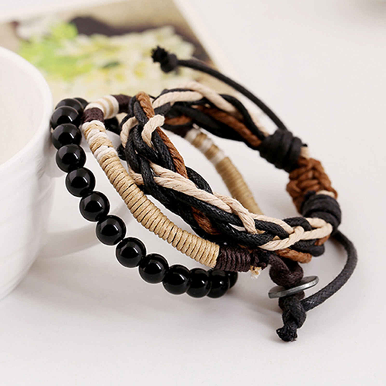 3Pcs Multilayer Faux Leather Wood Beads Wax Rope Bracelet Set for Men