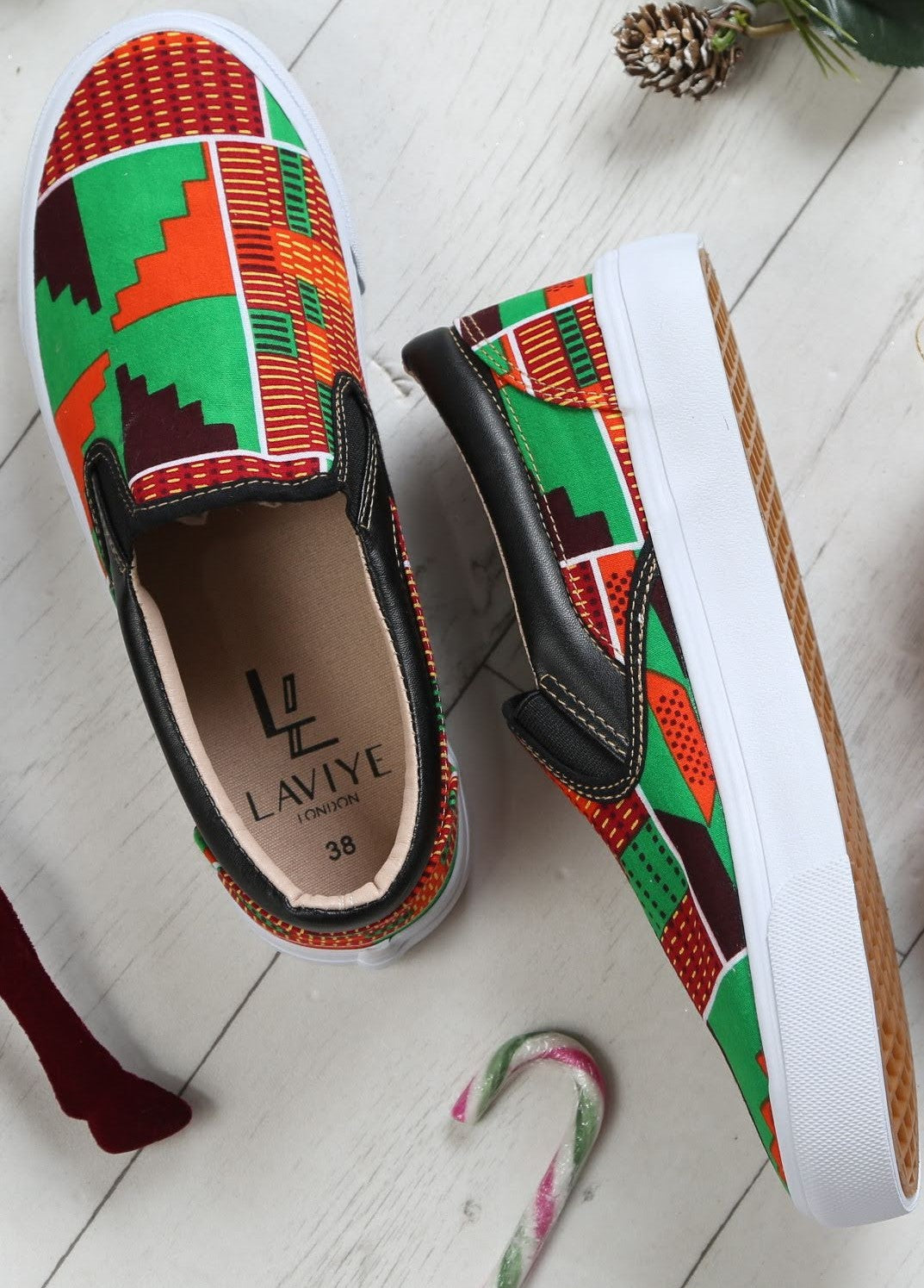 Men's African Slip-On Green Kente Sneakers - ACCRA