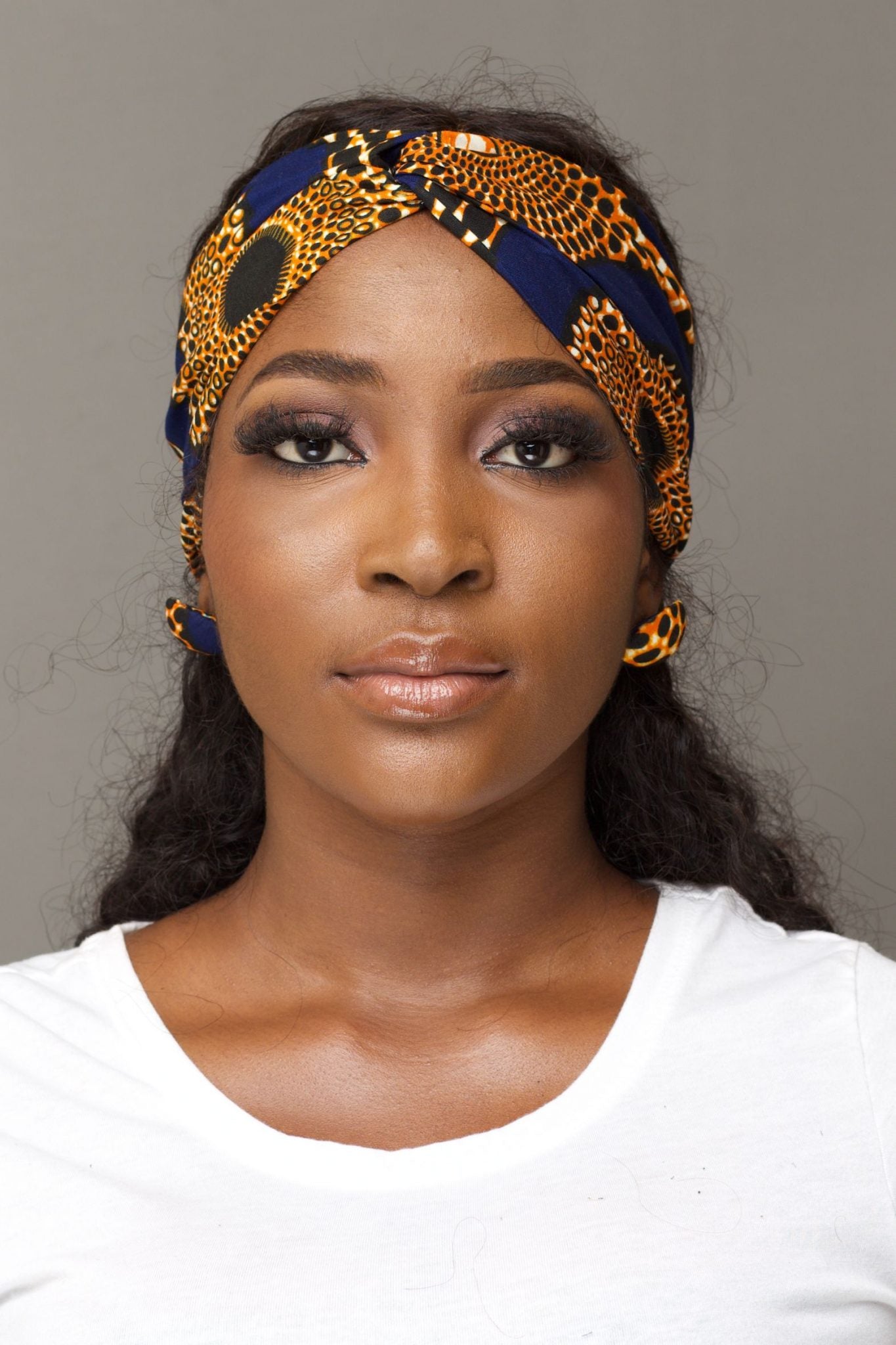 Amarey African Print Turban Headband, Blue/Orange