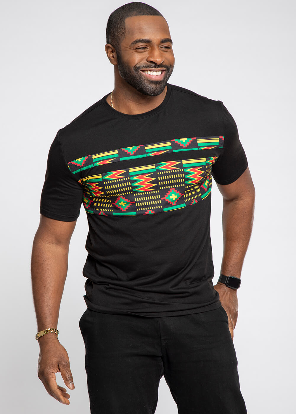 Abio African Print Color Blocked T-Shirt (Black/Black Green Kente)