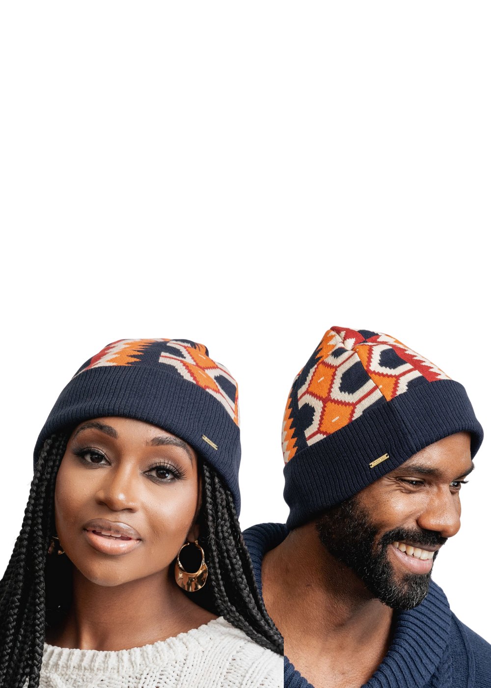 Adom African Print Knit Beanie Hat (Cream Orange Kente)