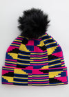 Amira African Print Knit Hat with Faux Fur Puff Ball (Pink Yellow Kente)