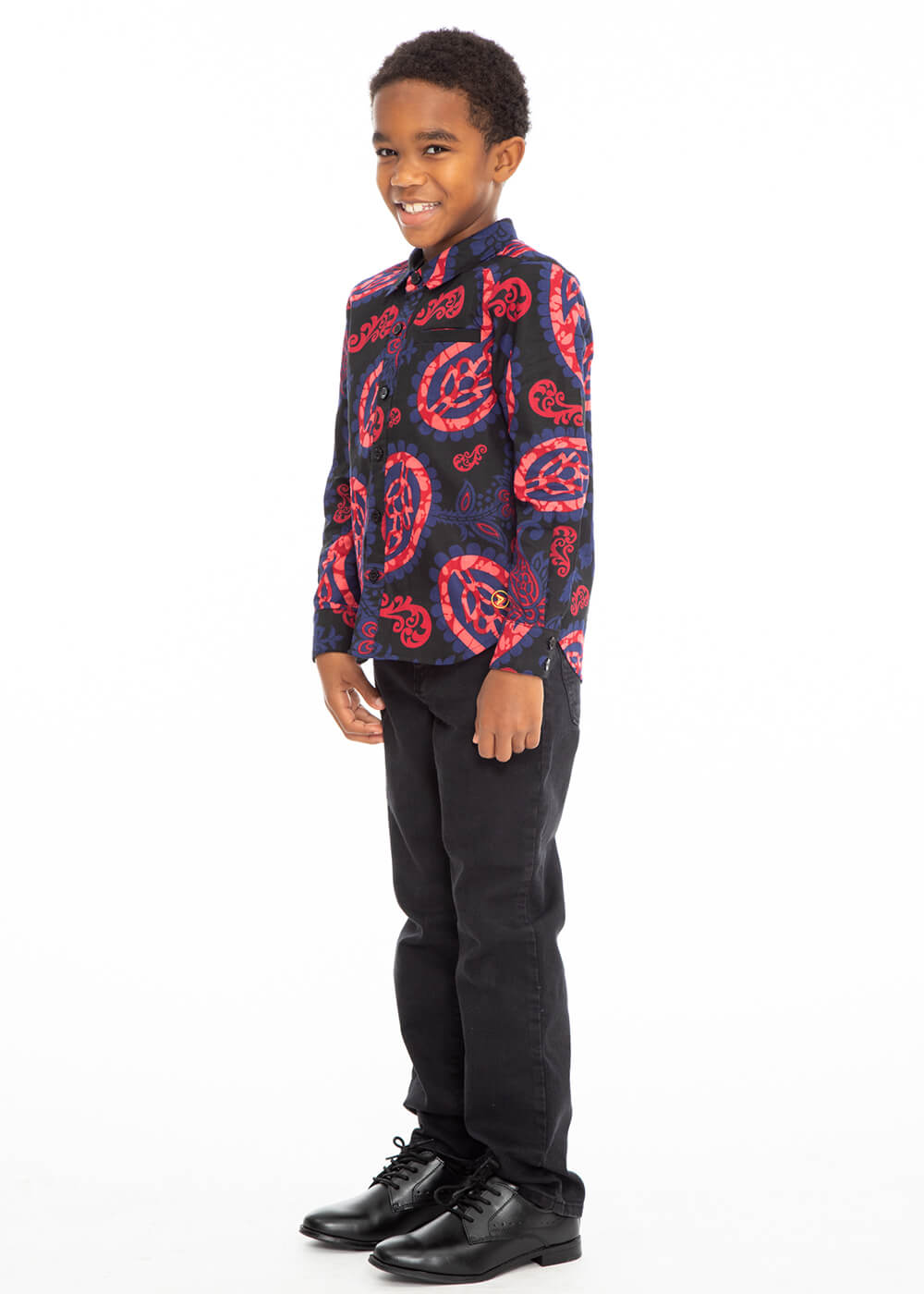 Kioko African Print Boys' Button-Up Shirt (Black Maroon Paisley)